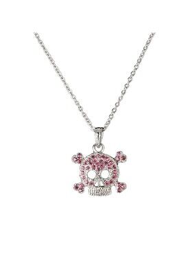 Pink Austrian Crystal Rhinestone Skull Pendant Necklace Silver Plated Chain